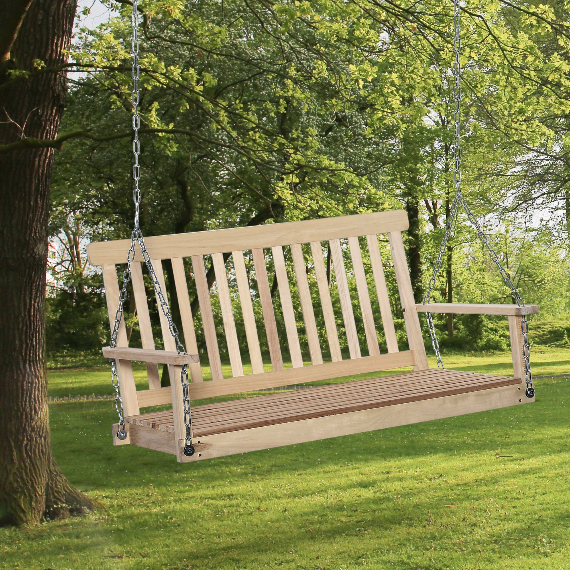 Outsunny 2-Seater Patio Swing Chair: Slatted Fir Wood Design with Hanging Chains, Natural Finish 