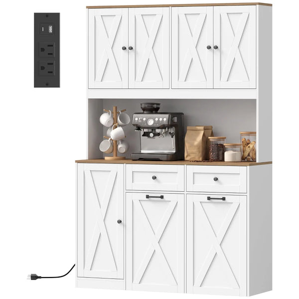 71" Farmhouse Pantry Cabinet with Double Pull-Out Trash Bins and Charging Station – White and Brown