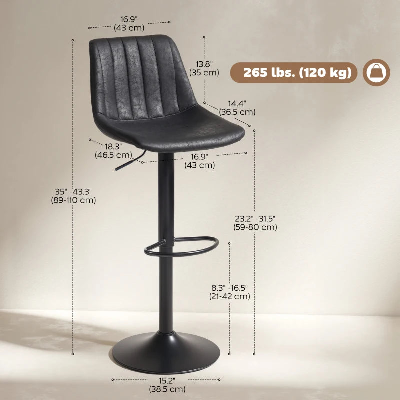 Counter Height Bar Stools Set of 2, Adjustable Height Bar Chairs with Swivel Seat, Leathaire Upholstery, Black