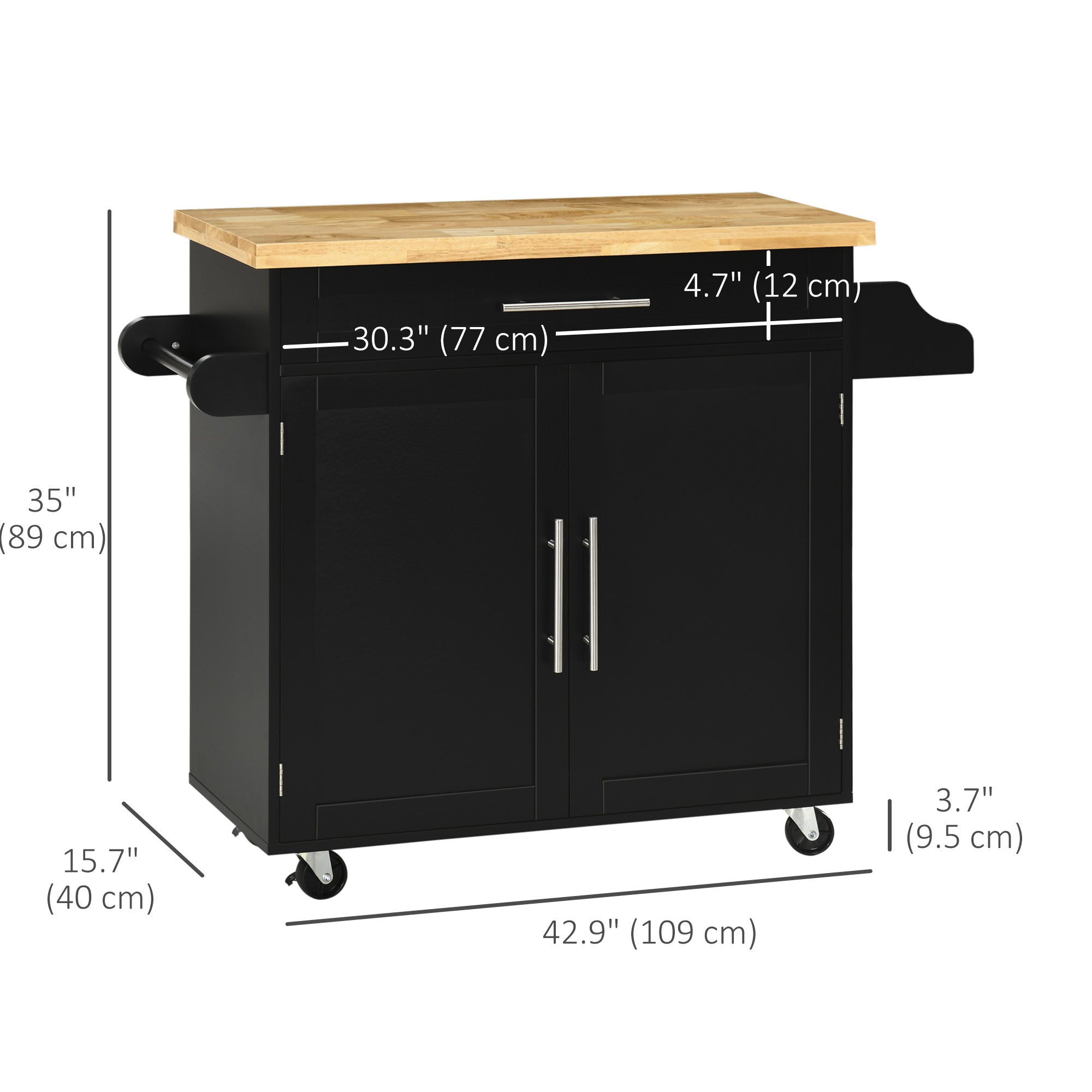 HOMCOM Kitchen Island with Storage, Rolling Cart Trolley with Rubberwood Top, Adjustable Shelf, Drawer, Spice Rack, Black 