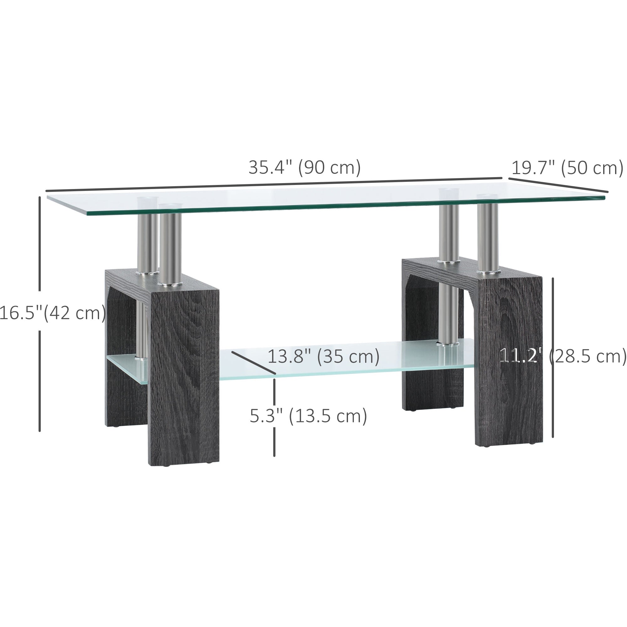 HOMCOM Modern Grey Centerpiece: Rectangle Coffee Table with Storage Shelf, 2-Tier Tempered Glass Top for Living Room 