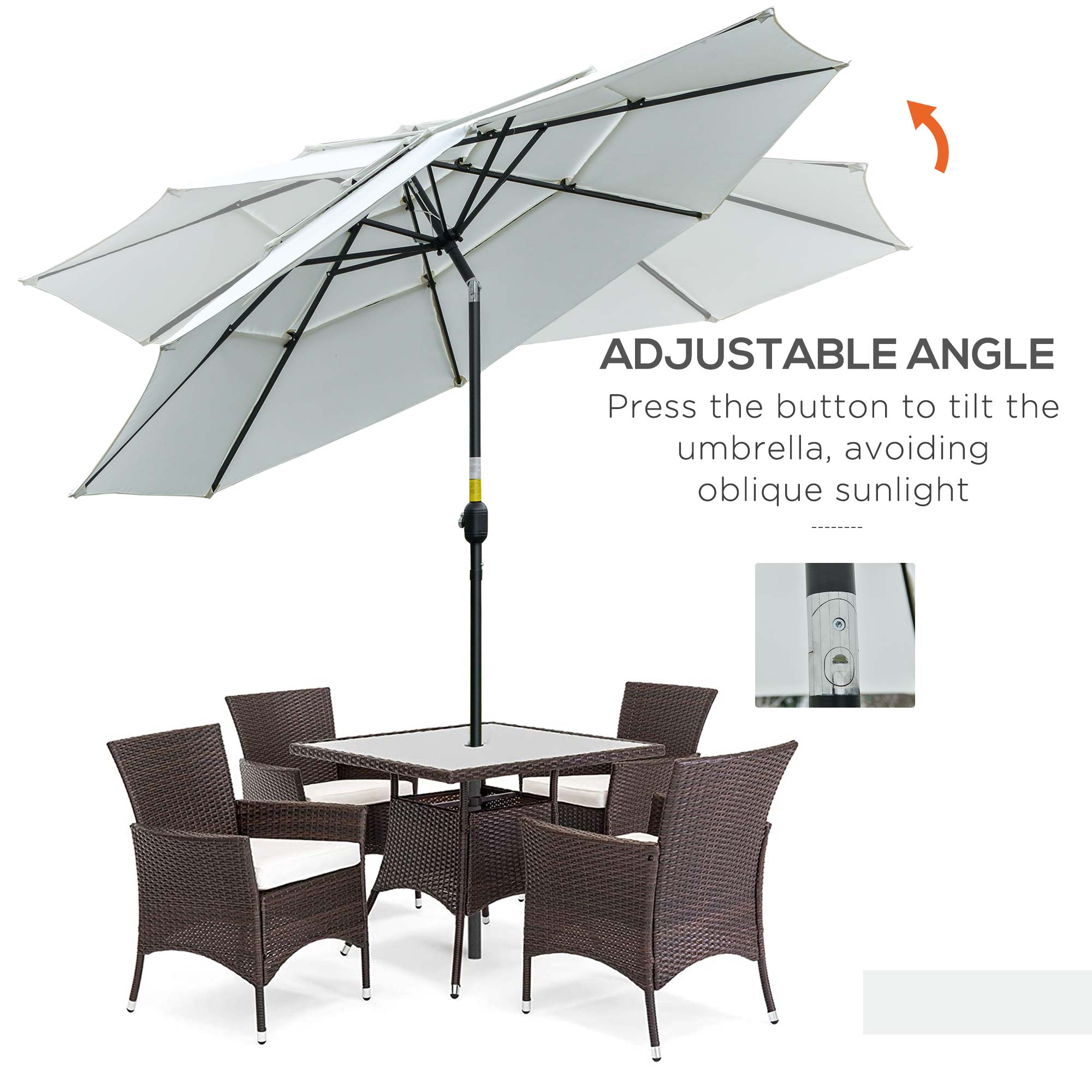 Outsunny 9FT Patio Umbrella 3 Tiers Outdoor Market Umbrella Crank Push Button Tilt for Deck Backyard Lawn Cream White 
