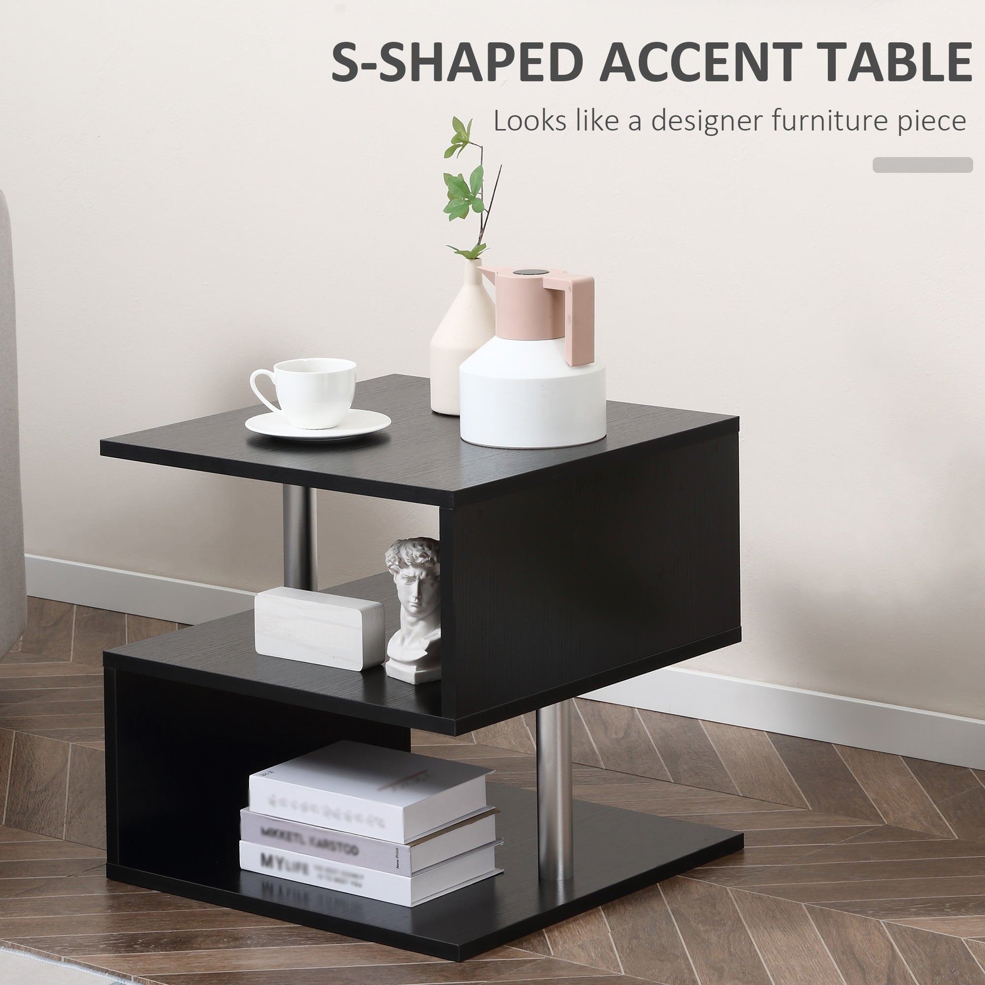 HOMCOM S-Shaped Side Table: 3-Tier Black Storage Shelves & Versatile Coffee Table Design 