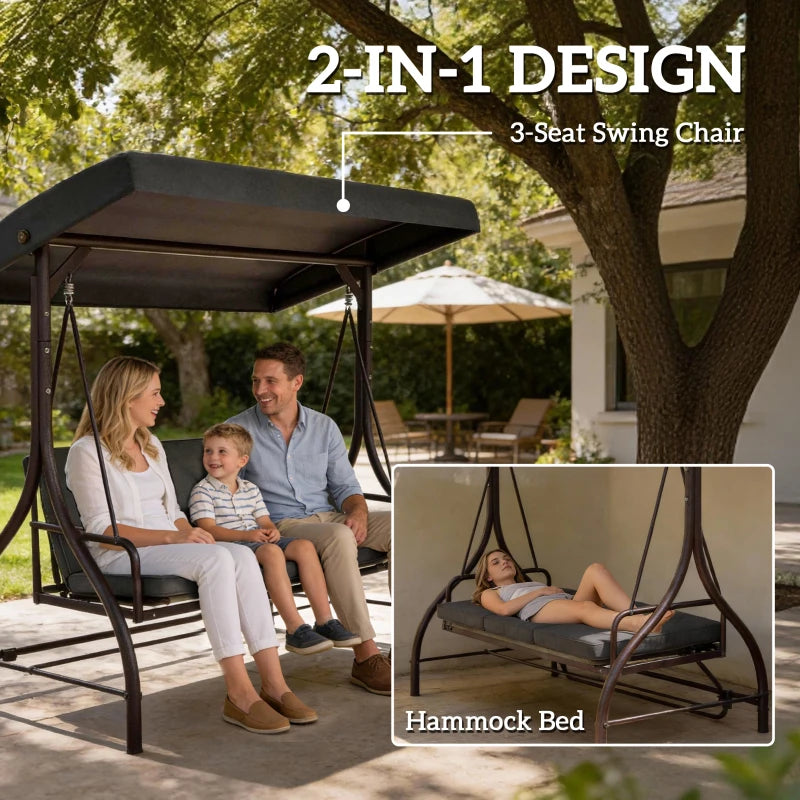 Convertible Patio Swing Bed with Canopy and Cushions, 3 Seater Porch Swing for Outdoor, Backyard, Garden, Dark Grey