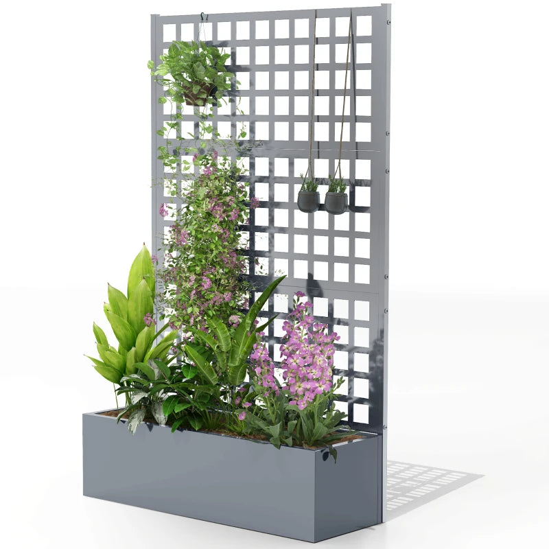 Galvanized Raised Garden Bed Planter Box with Trellis for Climbing Plant Vegetable Vine, 43"x16"x70", Grey Wood Effect