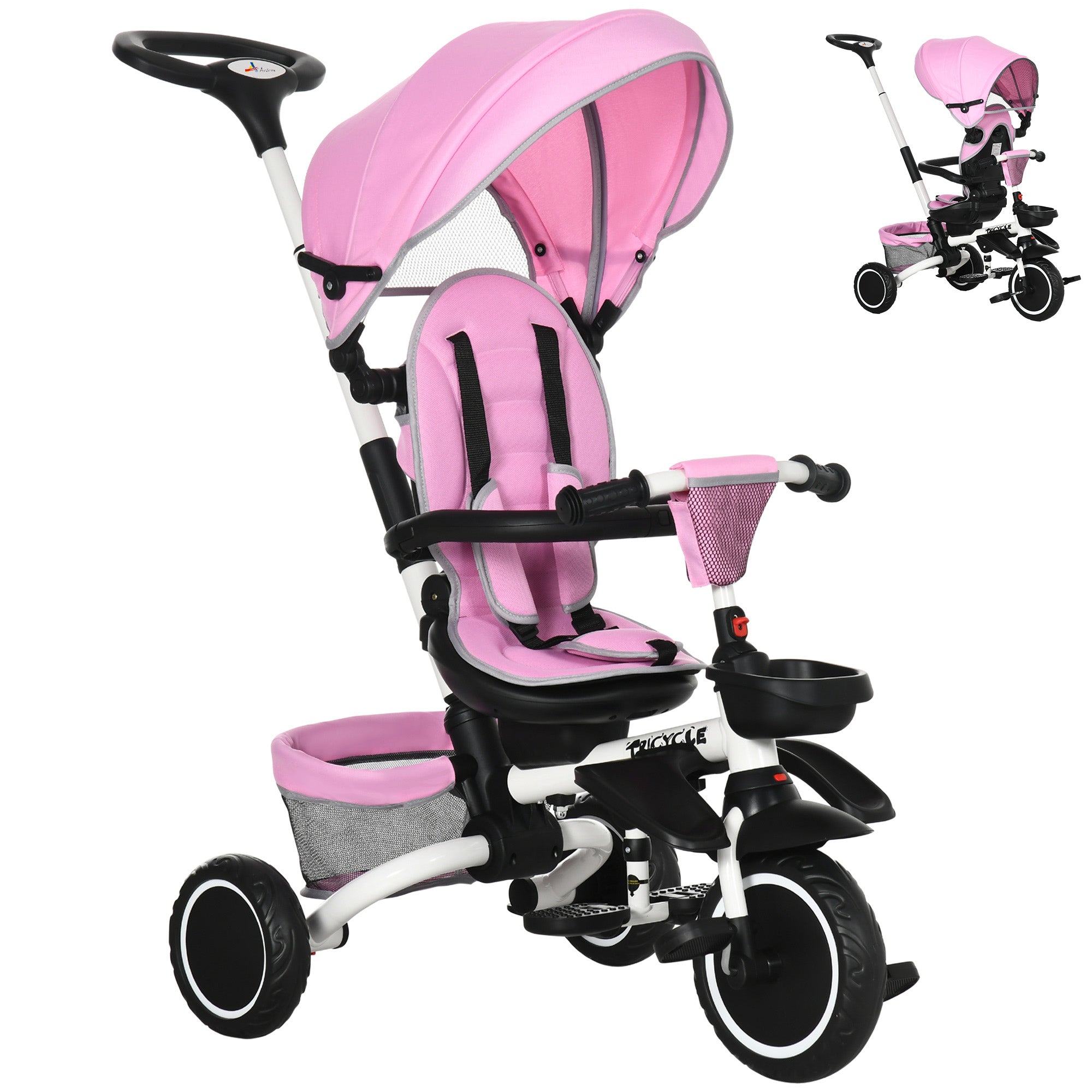 Aosom 7-in-1 Toddler Tricycle: Kids Trike with Rotatable Seat, Push Handle, Safety Harness, Canopy, Footrest 