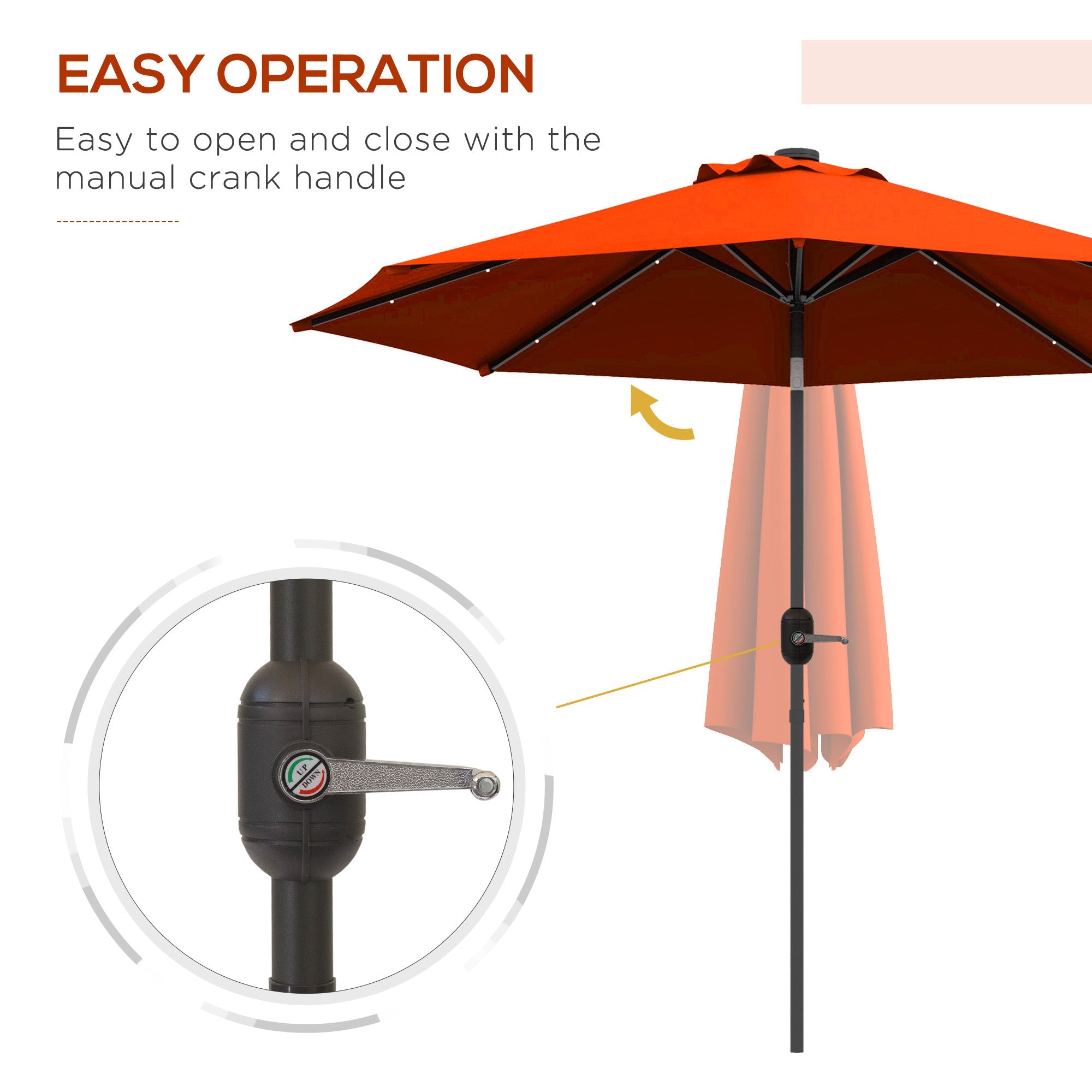 Outsunny 9ft Solar Patio Umbrella Outdoor Sunshade 24 LED Lights Tilt Canopy Orange 