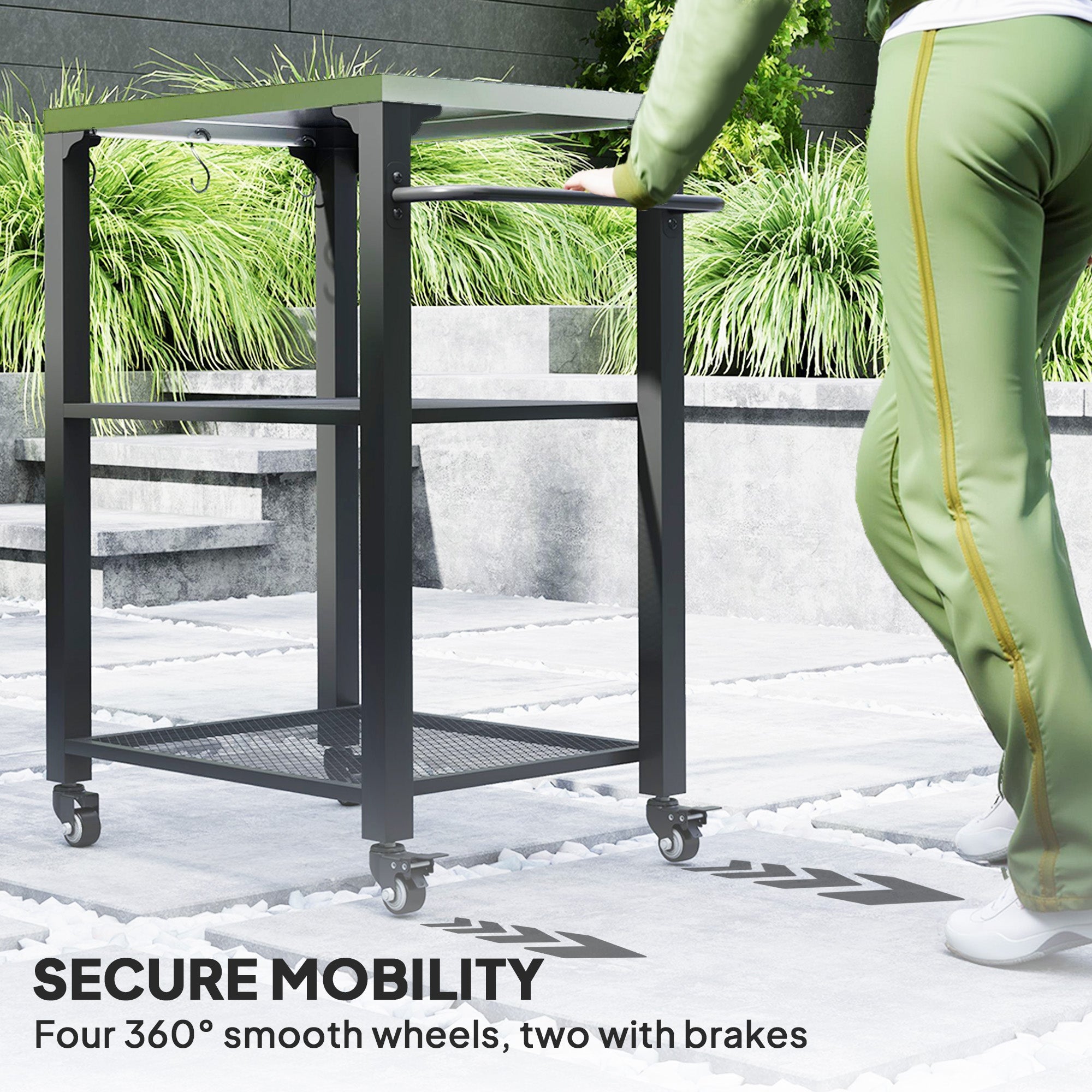 Outsunny 3-Shelf Outdoor Grill Cart Table with Stainless Steel Top, Hooks, Pizza Oven Stand on Wheels 