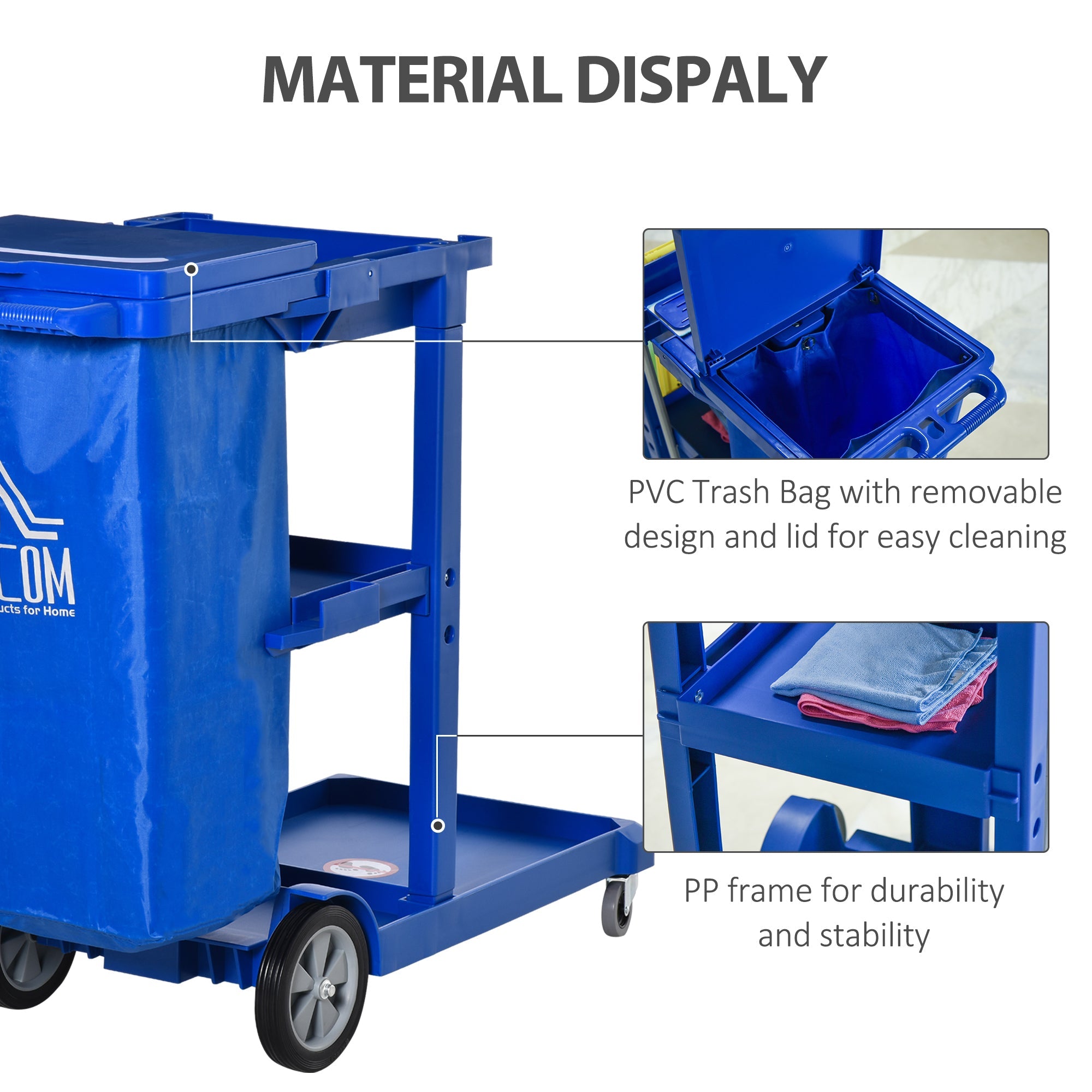 HOMCOM Janitorial Cart Commercial 3 Tier Shelves Cleaning Trolley with Bag Mop Mount for Hotel Restaurant 