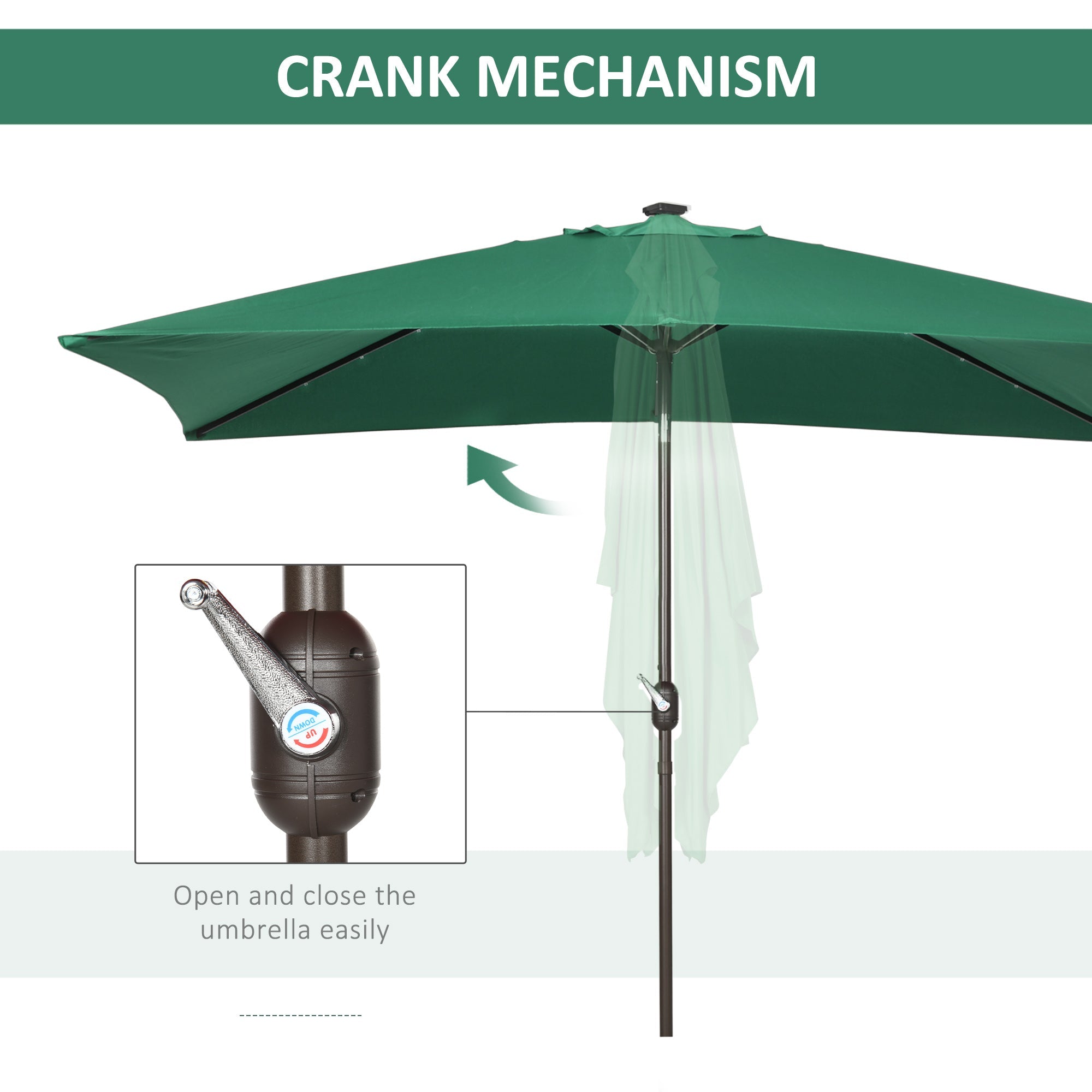 Outsunny Patio Umbrella: 6.5x10ft Rectangular Solar Powered LED Lights Aluminum Tilt Crank Dark Green 