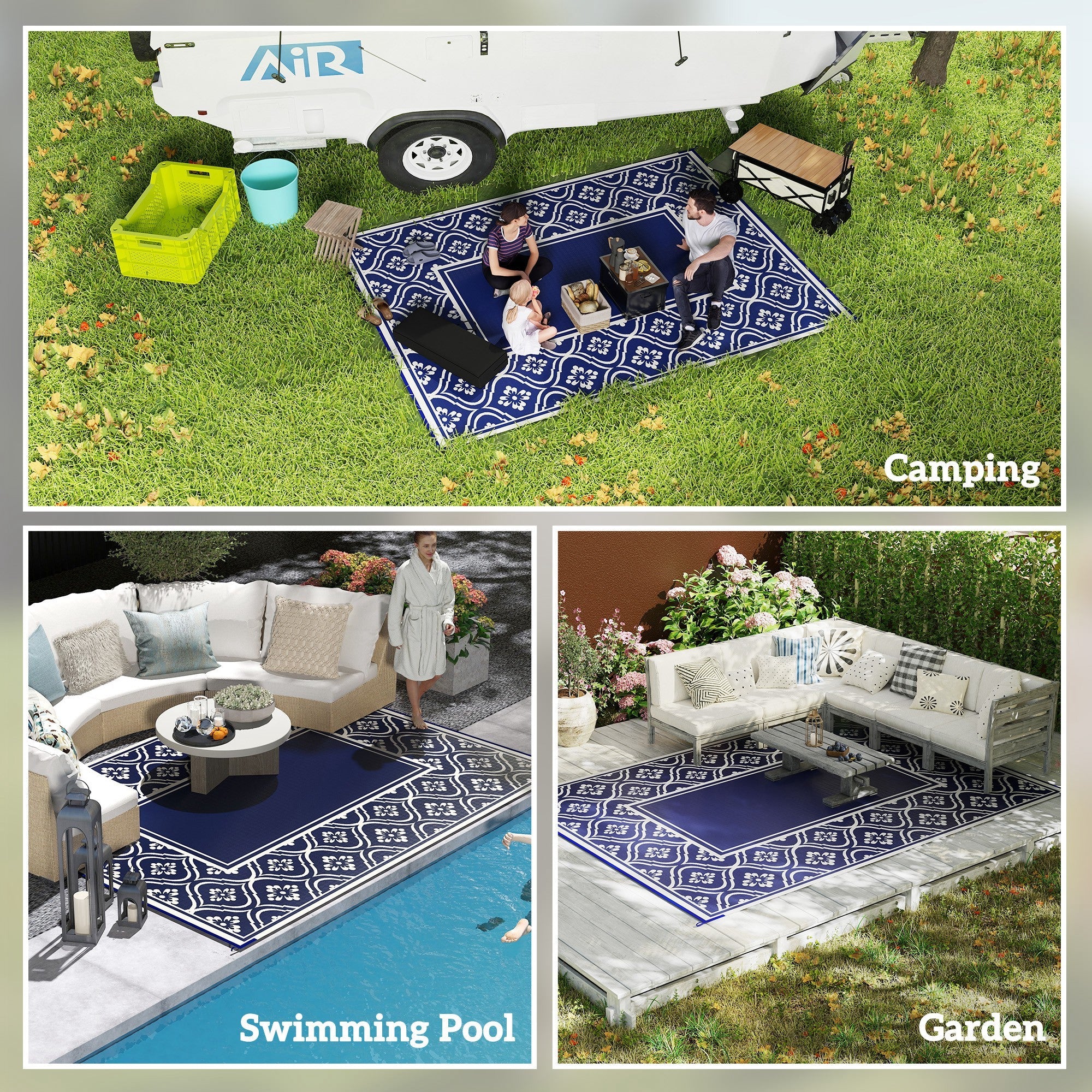 Outsunny 9' x 12' Outdoor RV Rug, Reversible Patio Floor Mat with Carry Bag, Gourd Border, Blue and White 