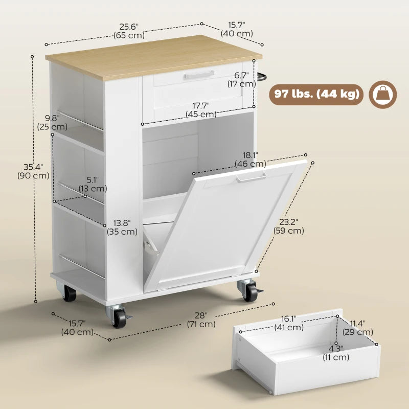 Rolling Kitchen Island with Trash Can Storage, Kitchen Island on Wheels with Spice & Rack, Drawer for Kitchen, White