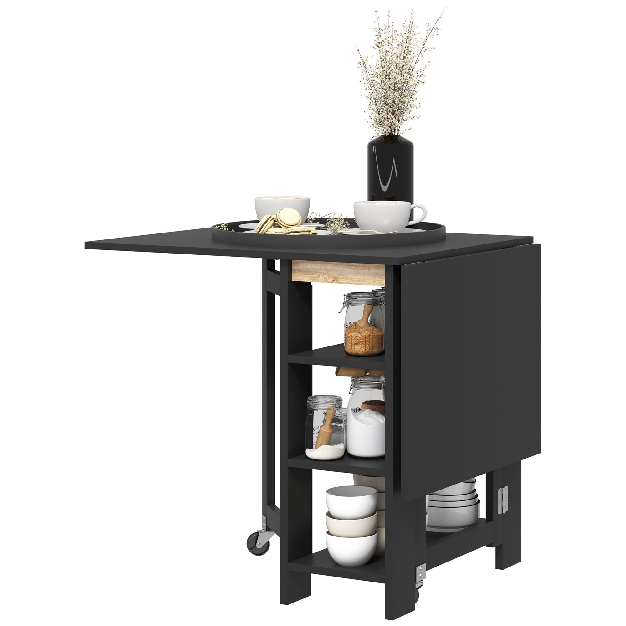 HOMCOM Drop Leaf Dining Table Folding Kitchen Table with Storage for Small Spaces Black Versatile Design 