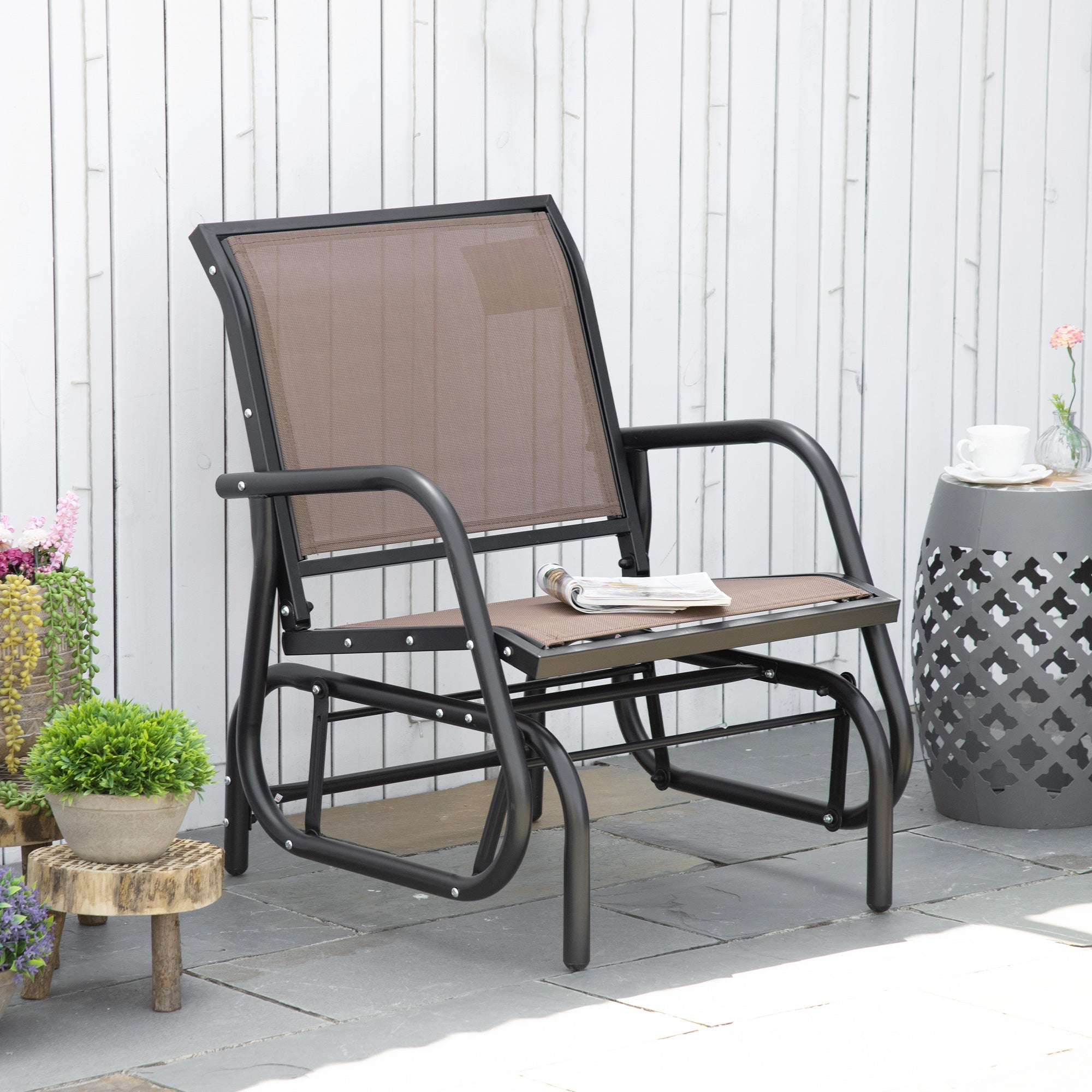 Outsunny Breezy Glider: Steel Frame Outdoor Swing Chair with Breathable Mesh Seat, Backrest, and Curved Rocking Arms, Brown 