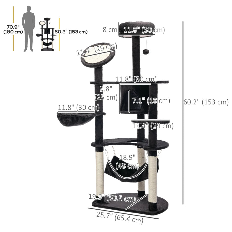 60" Multi-Level Plush Cat Tree, Tall Cat Tower with Scratching Posts and 2 Hammocks, Dark Grey