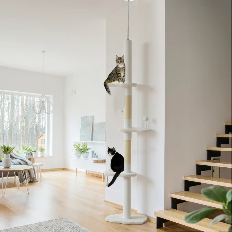88.5"-100.5" Floor to Ceiling Cat Tree, Cat Tower with Scratching Posts, Cloud Shaped Platforms, Dangling Balls, Cream
