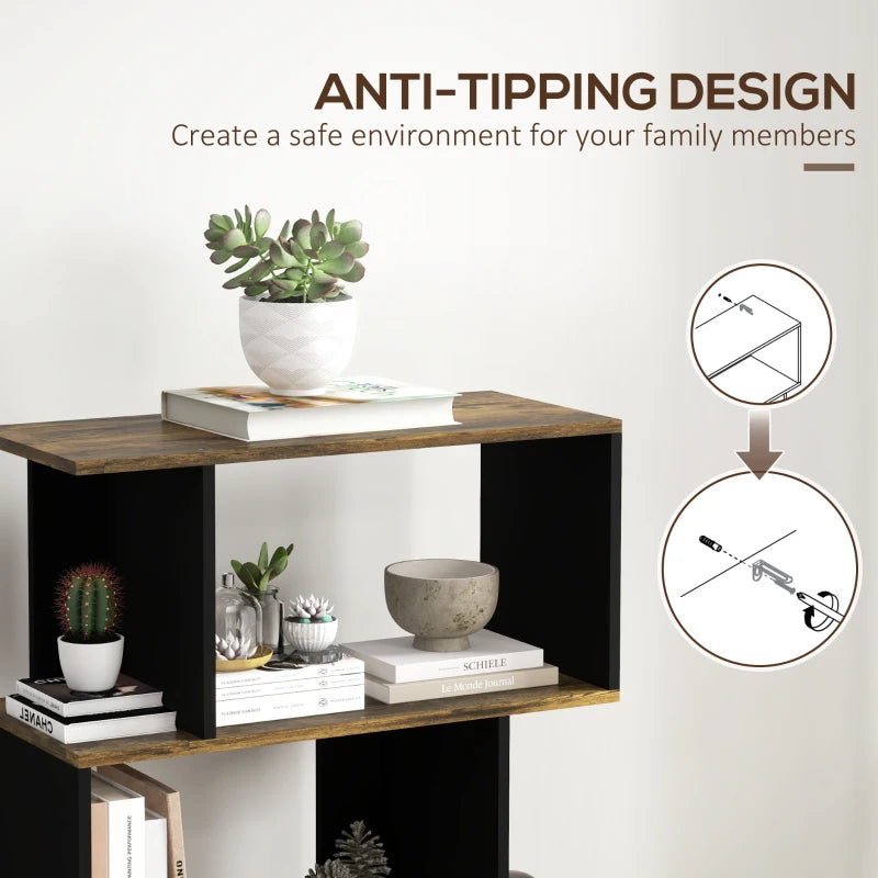 5-Tier Bookshelf, Geometric S Shaped Bookcase, Tall Narrow Display Shelf for for Living Room, Study Room, Rustic Brown