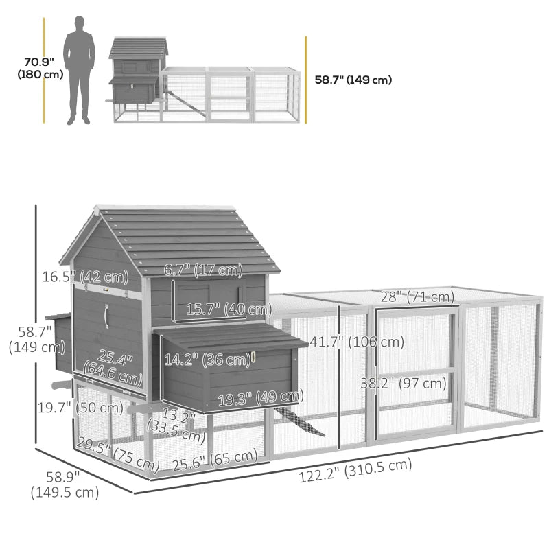 PawHut Wooden Chicken Coop with Nesting Boxes, Run, Doors, Tray, Ramp for 4-6 Chickens 