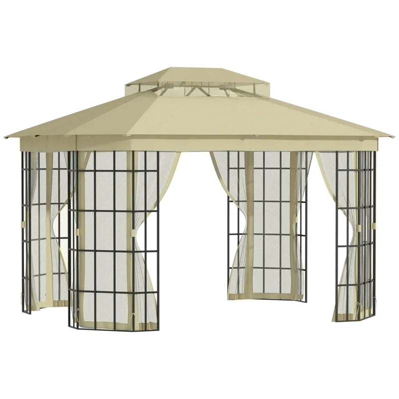 Outsunny 12'x10' Soft-top Patio Gazebo Canopy Steel Gazebo with Double Vented Roof, Mosquito Netting, Beige