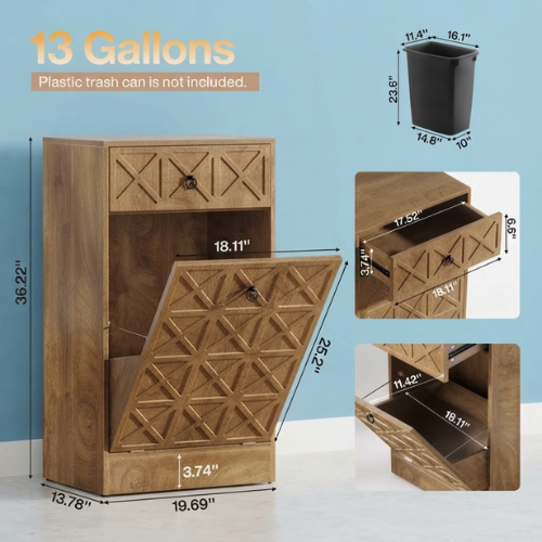 13 Gallons Tilt-Out Trash Can Cabinet with Drawer Wooden Hidden Garbage Bin Organizer for Kitchen Laundry Room Brown