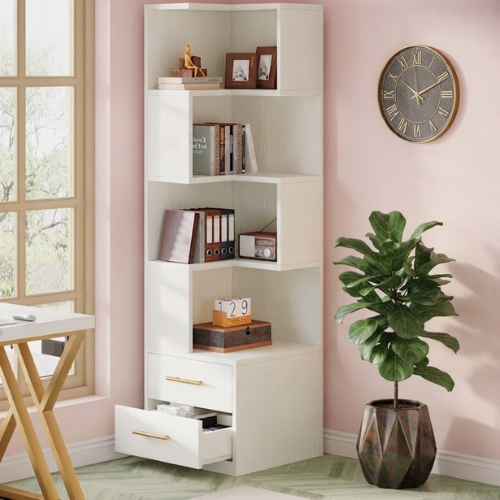 Corner Bookcase 66.9" L-Shaped Bookshelf 5-Tier Shelf with 2 Drawers White