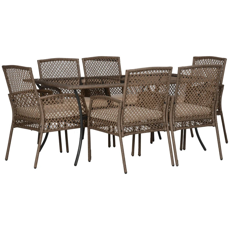 Outsunny 7 Pieces Wicker Patio Dining Set with Cushions, Outdoor PE Rattan Conversation Set with 1 Rectangular Glass Top Table and 6 Chairs, for Patio, Yard, Poolside, Beige