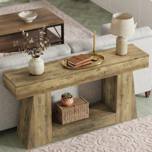 63" Farmhouse Console Table, Wooden Sofa Table with 2-Tier Storage Shelves, Narrow Hallway Entryway Table