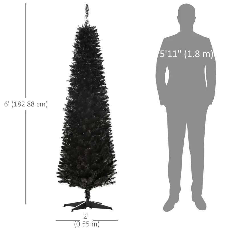 HOMCOM 6 Pencil Christmas Tree, Slim Artificial Xmas Tree with Realistic Branches, Sturdy Metal Stand, Black 