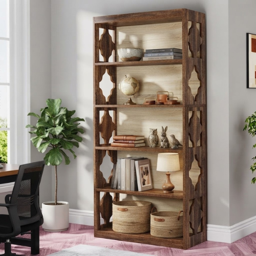 Bookshelf 70" 6-Tier Wood Bookcase with Storage Shelves and Rhombus Pattern Design for Living Room Office Bedroom