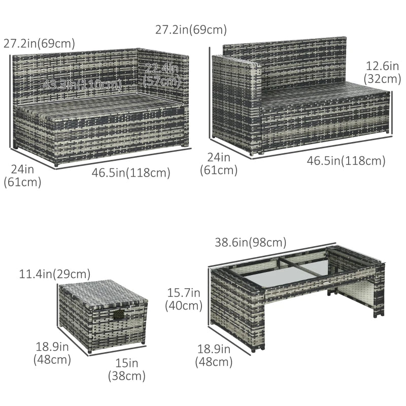 Outsunny 6 Piece Rattan Garden Furniture Set, 8-Seater Outdoor Sofa Sectional with 3 Loveseat Wicker Sofa with Cushions, 2 Footstools and Glass Table for Yard, Poolside, Grey