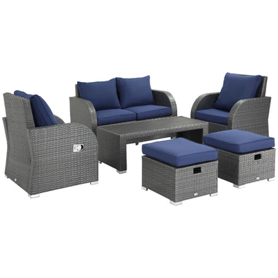 Outsunny 6-PCs Outdoor Rattan Wicker Sofa Set Angle Adjustable Recline Single Chair, w/ Gas Spring & Soft Washable Cushions, Dark Blue 