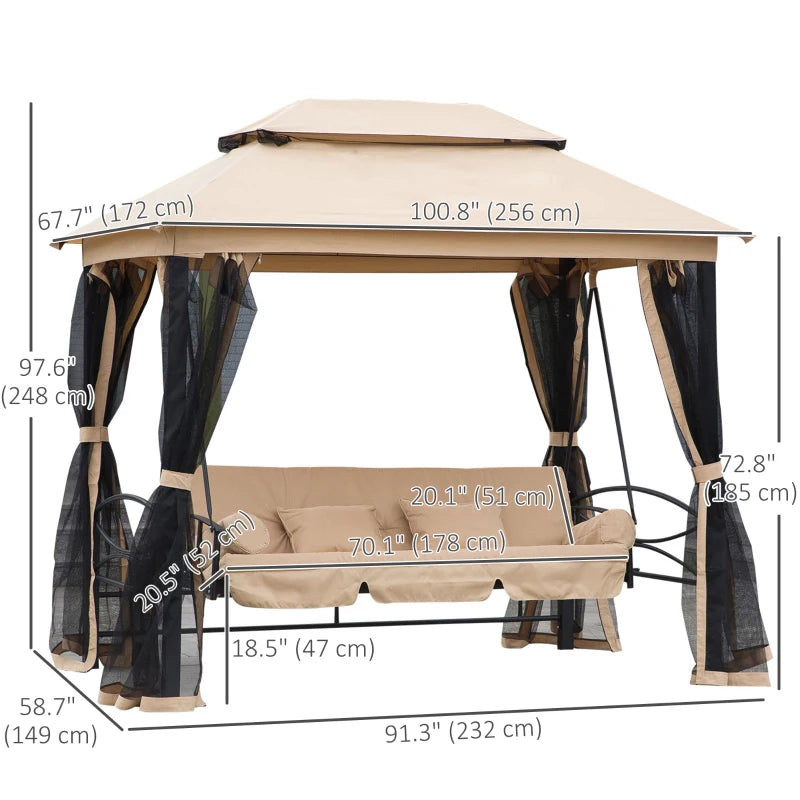 Outsunny 3 Person Outdoor Patio Daybed 3 in 1 Canopy Gazebo Swing Chair Garden Hammock with Mesh Mosquito Net and Sun Shade, Beige 