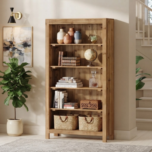 70.87" 6-Tier Solid Wood Bookshelf, 35.43" Wide Freestanding Bookcase with Rustic Walnut Finish