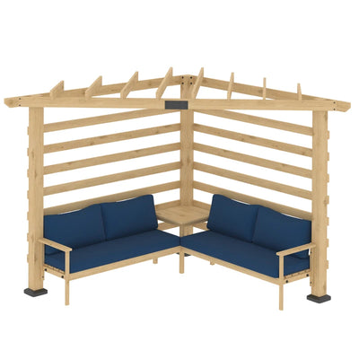 Outsunny 9' x 9' Corner Pergola with Conversation Set and Cushions, Fir Wood Outdoor Pergola with End Table, Natural and Blue 