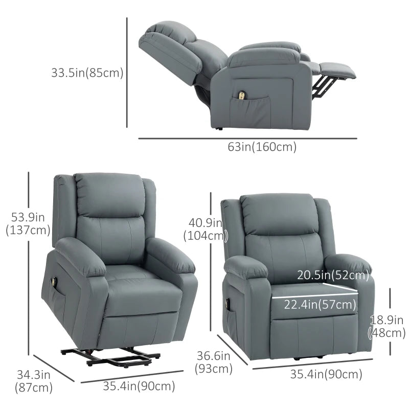 HOMCOM Lift Chair for Seniors, PU Leather Upholstered Electric Recliner Chair with Remote, Side Pockets, Quick Assembly, Grey