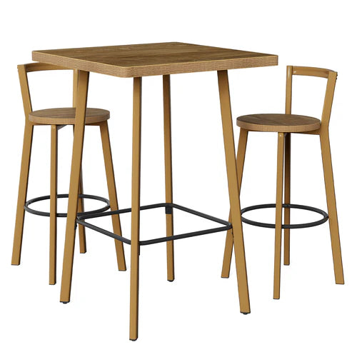 Bar Table Set 39.4" Square High-Top Bistro Pub Table with 2 Chairs Compact Space-Saving Design with Footrests Oak Finish for Home Kitchen Balcony