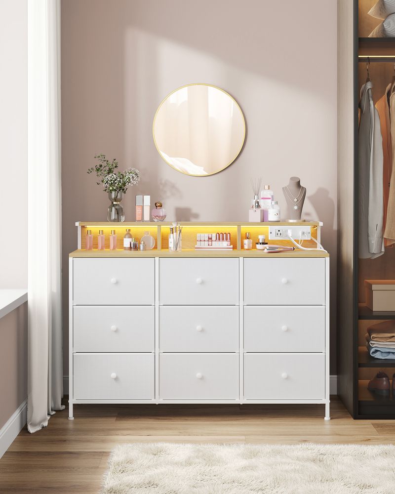 SONGMICS Storage Organizer with 9 Fabric Drawers and LED Lights 