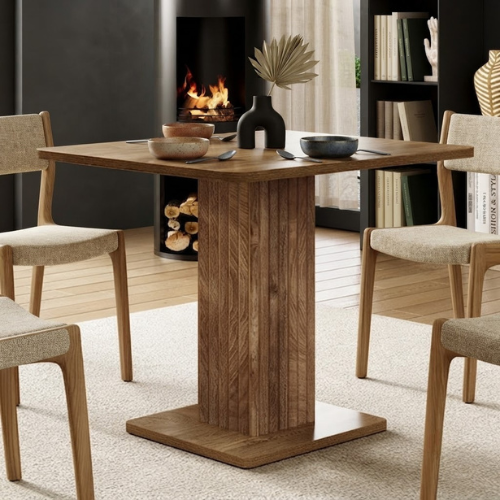 Dining Table 35.43" x 31.5" Farmhouse Kitchen Table for 2-4 People with Fluted Pedestal Base and Thick Tabletop Rustic Wood