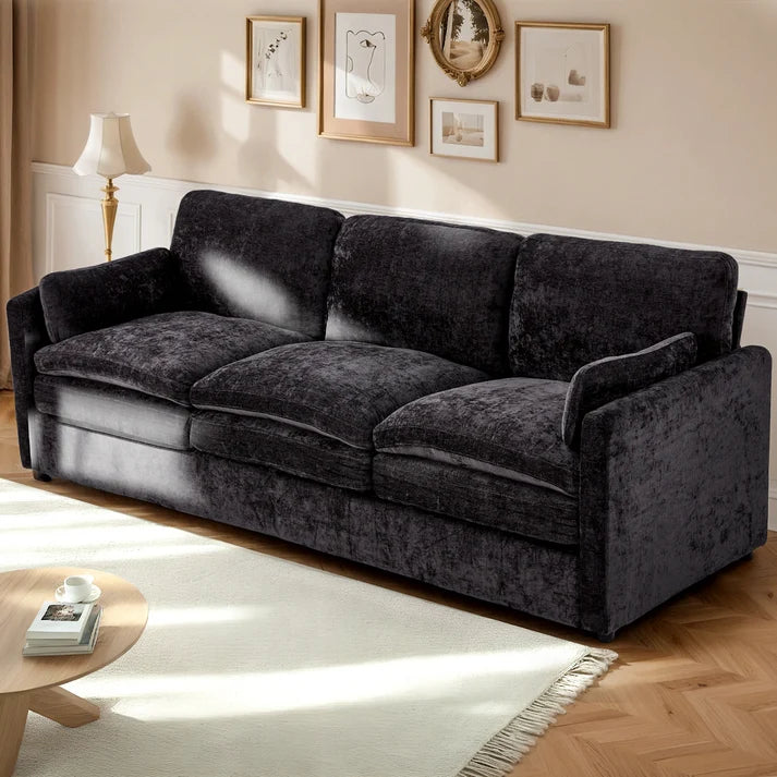 89-Inch Chenille Sofa – Modern 3-Seater Couch with 2 Removable Pillows, Black