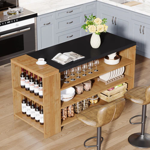 Kitchen Island 55" Farmhouse Coffee Bar Table with Storage 5 Shelves Vintage Brown