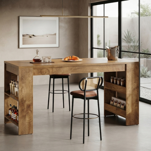 63" Kitchen Island, Large Home Bar Table with Double-Sided Storage Shelves, Rustic Wood-Grain Countertop