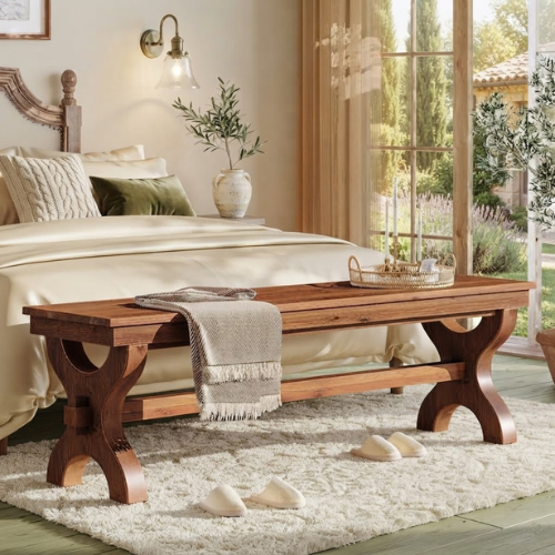 55.11" Solid Wood Farmhouse Bench, Rustic Entryway & End-of-Bed Bench with Curved Legs, 300 lb Capacity, Brown