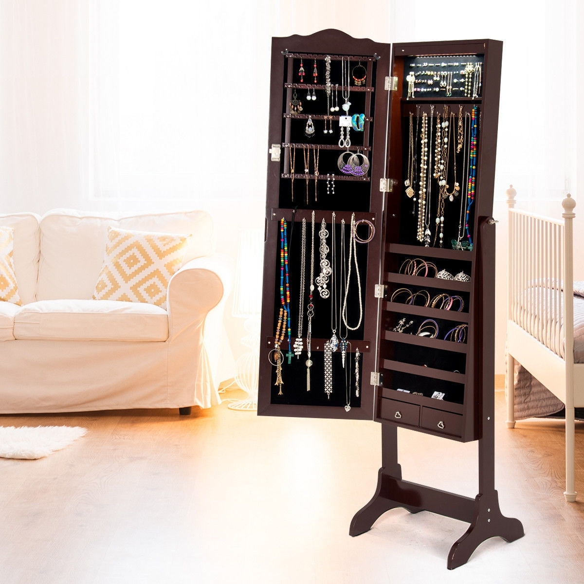 Mirrored Jewelry Cabinet Storage With Drawer And Led Lights -CoffeeÂ 