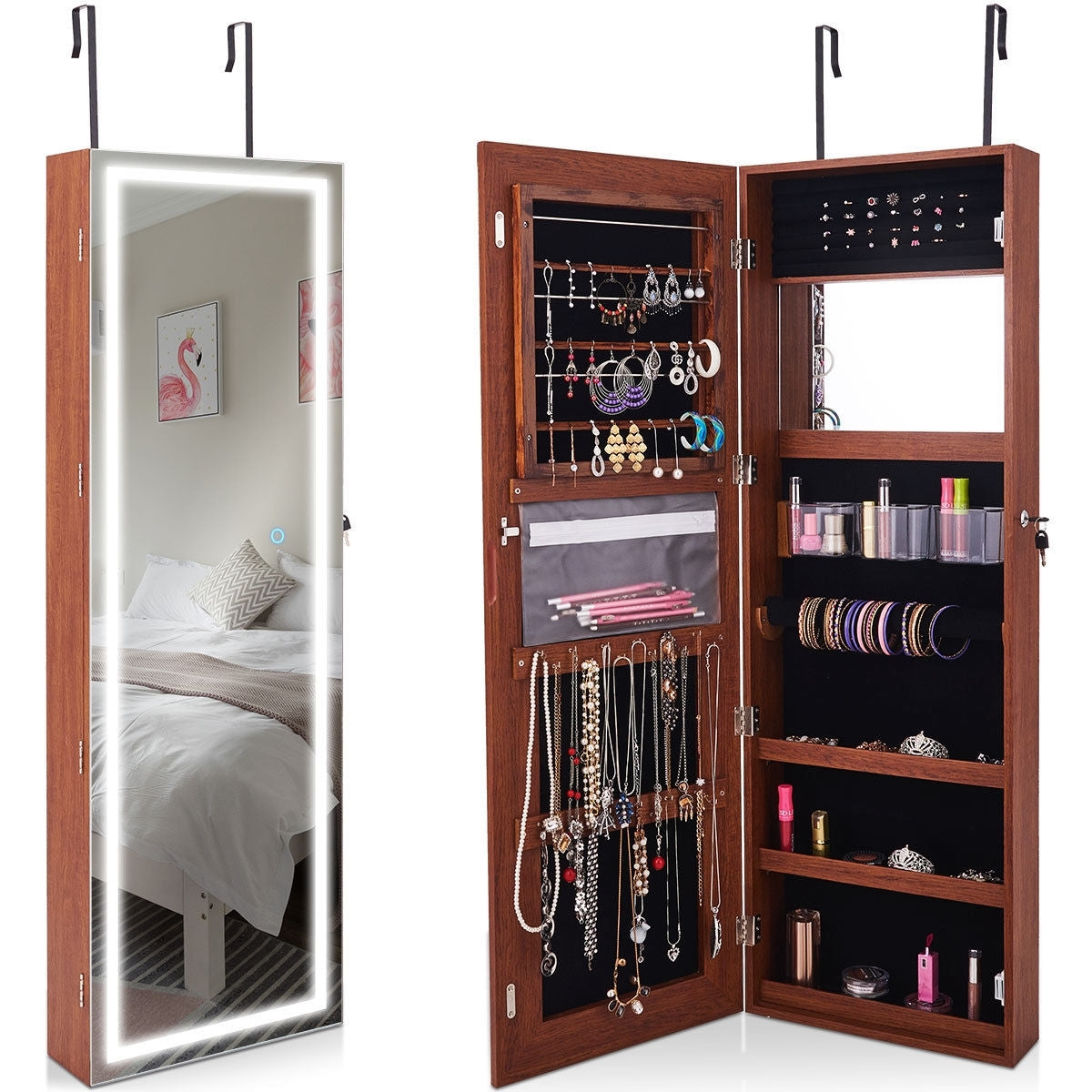 Door Wall Mount Touch Screen Mirrored Jewelry Cabinet-BrownÂ 