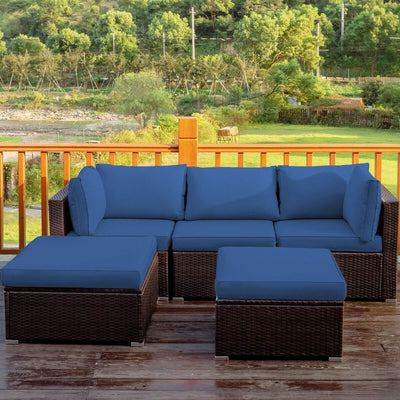 5 Pieces Patio Rattan Sofa Set with Cushion and Ottoman-NavyÂ 
