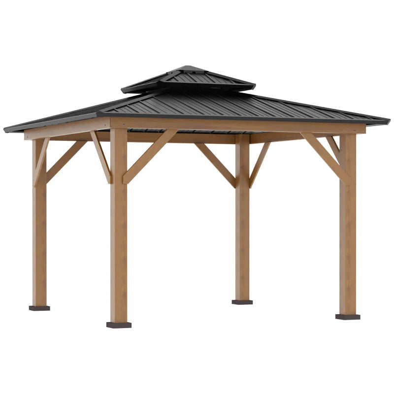 Outsunny 11' x 11' Wood Frame Hardtop Gazebo Galvanized Steel Canopy Outdoor Shelter with Double Vented Roof for Garden, Lawn, Poolside, Black