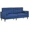 HOMCOM Mid-Century Sofa, Couch with Button-Tufted Back Cushion, Velvet Feel Fabric Upholstery, 2 Cylindrical Pillows and Rubber Wood Legs, Dark Blue 