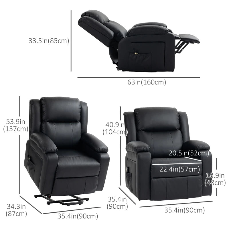 HOMCOM Lift Chair for Seniors, PU Leather Upholstered Electric Recliner Chair with Remote, Side Pockets, Quick Assembly, Black