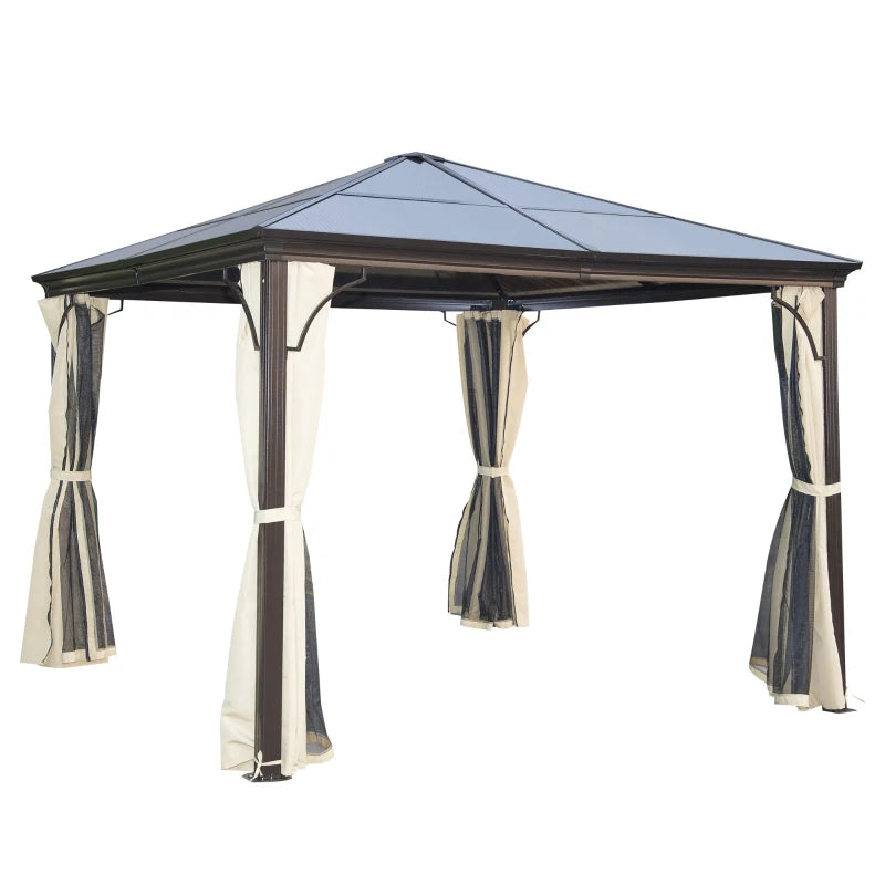 Outsunny 10 x 10 ft Hard Top Gazebo Canopy Heavy Duty Shelter Sun Shade w/ Curtain Beige, Coffee 