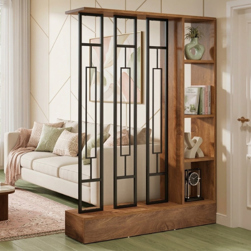 70.9" Freestanding Room Divider with Shelves, Modern Open-Shelf Wall Partition, 4-Tier Display Shelf for Living Room & Office